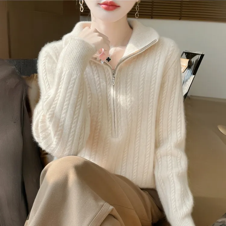 2025秋冬新款时尚设计感慵懒风100%羊毛衫毛衣厚款半拉链针织衫女