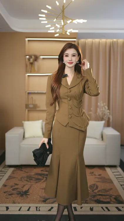 罗曼湾湾 原创设计卡其色气质时尚收腰咖色西装上衣女+鱼尾裙套装