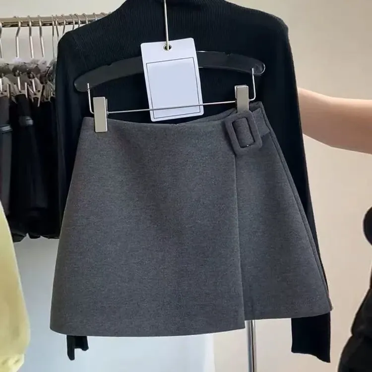 不规则开叉毛呢半身裙女冬季新款高腰显瘦A字设计感气质短裙