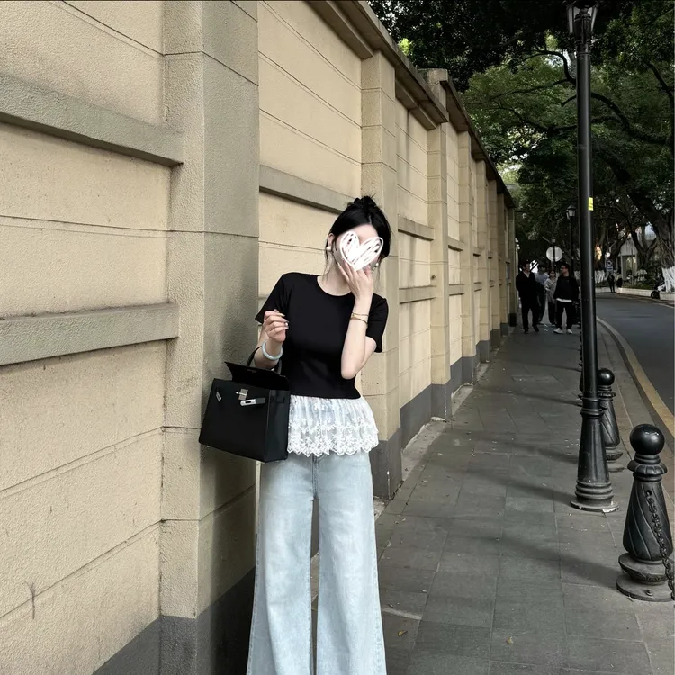 【柚子半夏】2025春夏新款法式芭蕾风蕾丝拼接短袖T恤上衣女8304