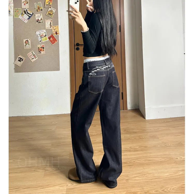 百搭刺绣梨形显瘦加绒牛仔裤女秋冬季中腰直筒裤丹宁阔腿牛仔裤子