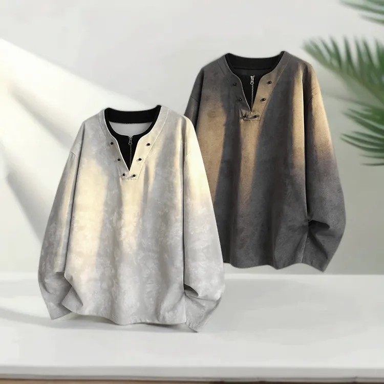 半拉链v领扎染假两件长袖t恤男秋季美式复古慵懒风卫衣内搭打底衫