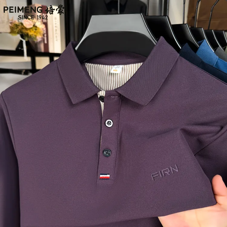 培蒙春秋季新款男士长袖刺绣T恤商务休闲宽松翻领打底polo衫上衣
