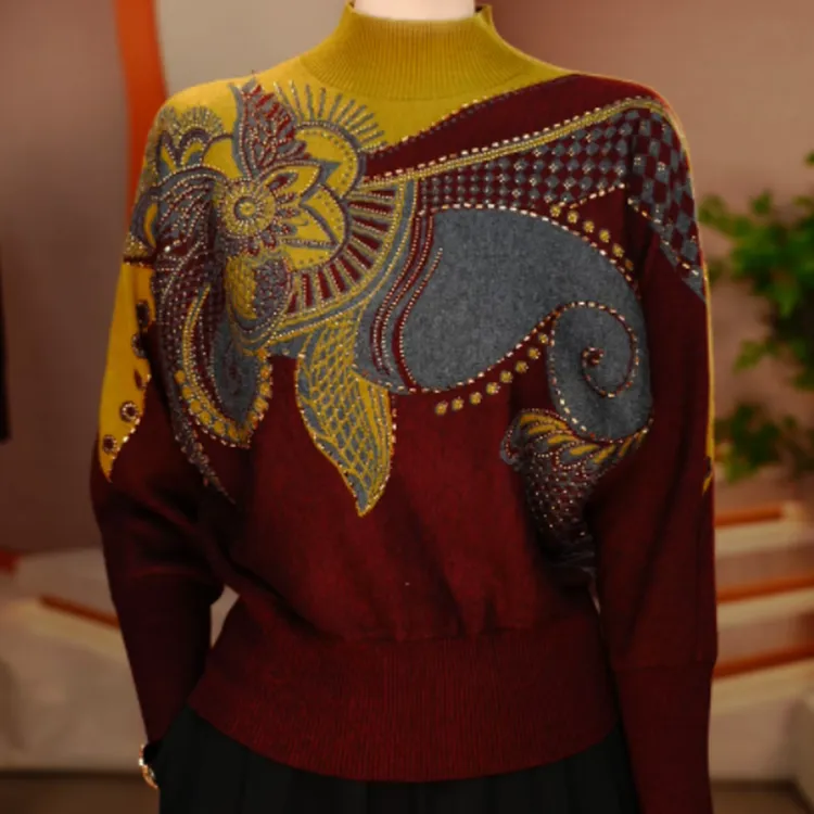 烫钻春季保暖女长袖针织毛针织衫圆领上衣印花时尚大码宽松毛衣