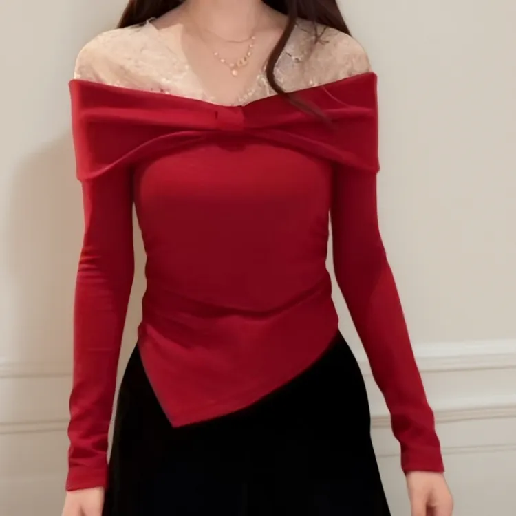 性感显瘦修身胖MM微胖大码女装纯欲辣妹圣诞约会露肩针织打底衫女