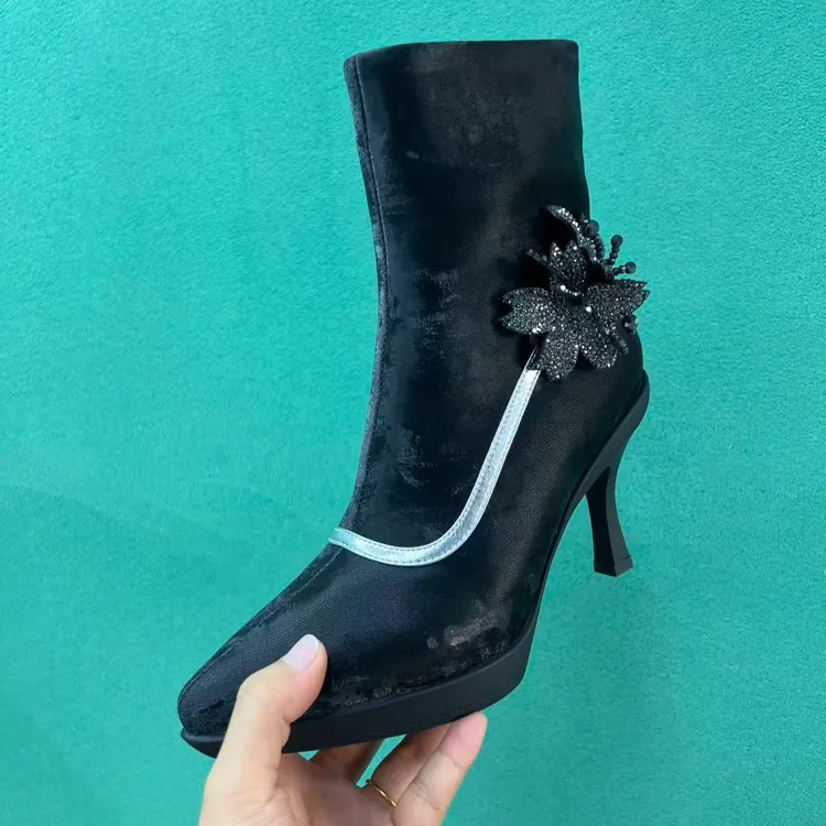 黑色细跟尖头弹力显瘦高跟短靴春秋季时尚性感网红瘦瘦靴子女