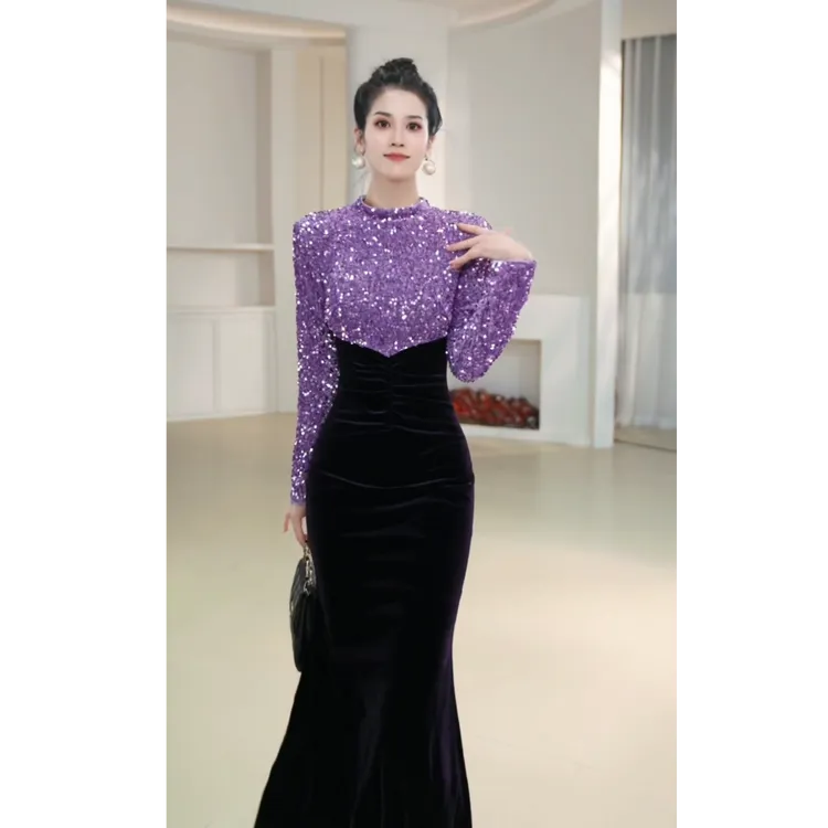 【希希定制/21595】显瘦气质长袖轻奢时尚复古修身宴会连衣裙