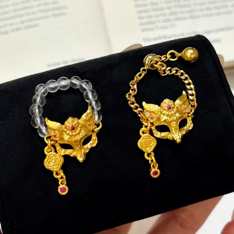 铜合金锆石戒指 狐狸面具戒指精工錾刻假面狐狸·狐面复古宫廷戒指