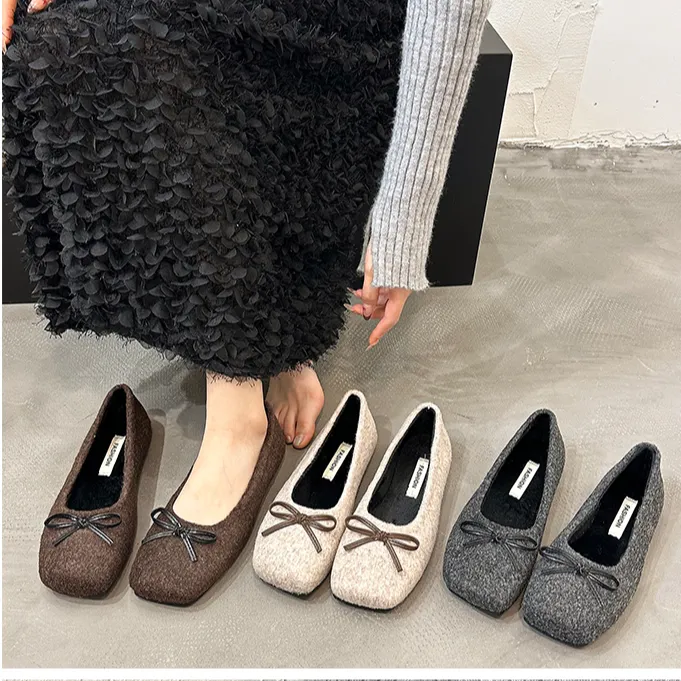 复古绒面方头单鞋女2025秋冬新款配裙子蝴蝶结浅口平底玛丽珍鞋子