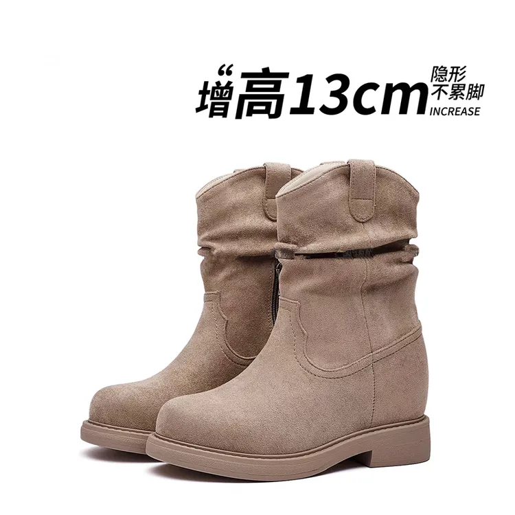 内增高13厘米复古短靴女2025秋冬新款美拉德堆堆靴隐形增高马丁靴