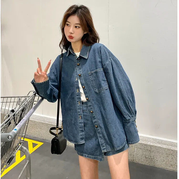 蓝色复古减龄时尚套装裙女春2024新款长袖牛仔衬衫半身裙裤两件套