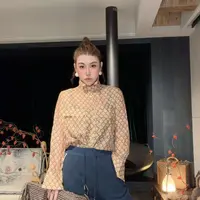 【HAV】  新款时髦翻领复古单排扣菱形格纹长袖衬衫上衣