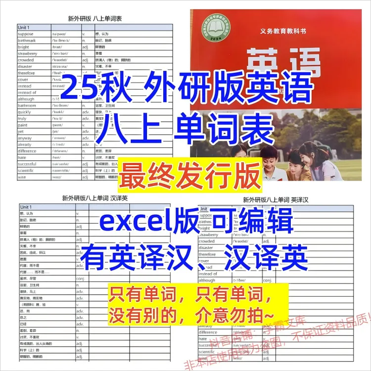 25秋最终版外研英语八年级上册单词表可编辑默写英汉互译电子版