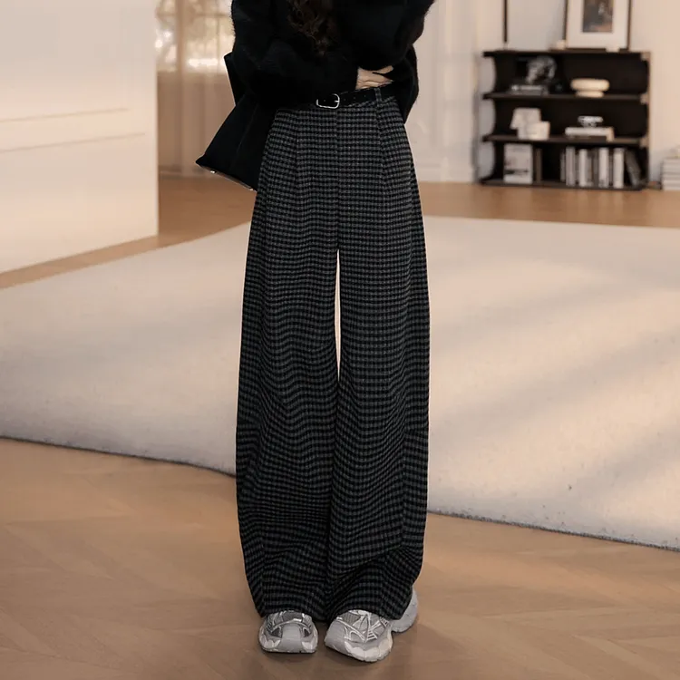 2025秋冬新款格子裤毛呢加绒直筒长裤高腰显瘦宽松百搭阔腿休闲裤