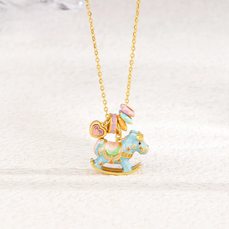 坠链均925银珐琅 摇摇马彩虹珐琅马卡龙色欢乐小木马吊项链女礼物
