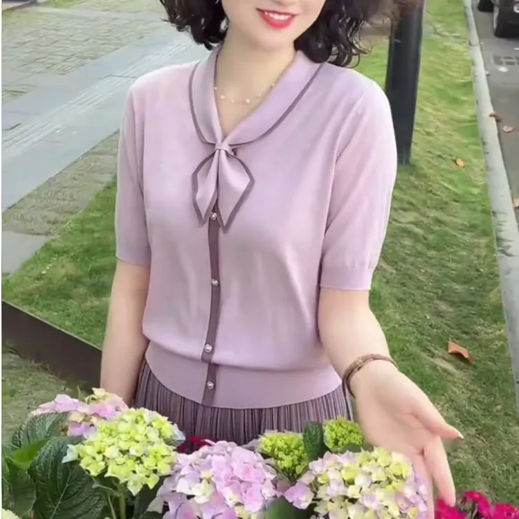 [工厂直销上衣]夏季新款洋气宽松百搭减龄薄款紫色针织短袖99435