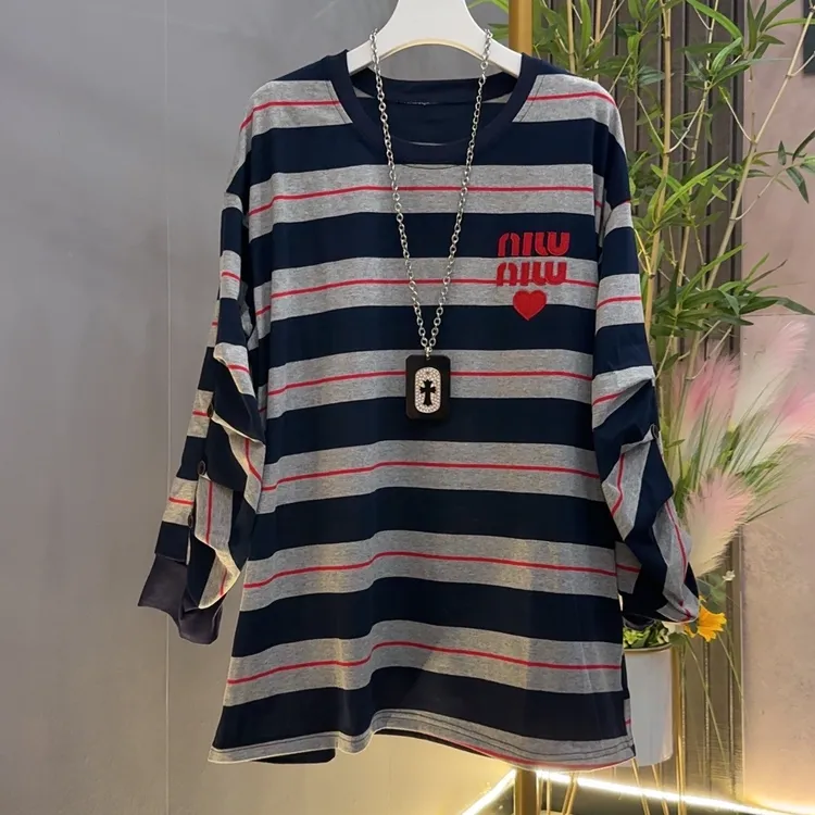 秋季新款9908大码女装圆领条纹中长款大T洋气显瘦百搭款