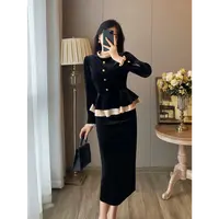 法式复古小香风两件套装女秋冬新款赫本风黑色连衣裙长裙A48041