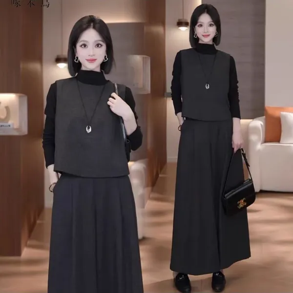 啄木鸟黑色套装2025秋冬新款气质洋气马甲打底衫阔腿裤显瘦三件套