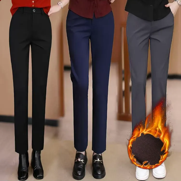 奈秀儿秋冬烟管裤子女春秋新款加绒加厚女裤高腰显瘦直筒西裤2399