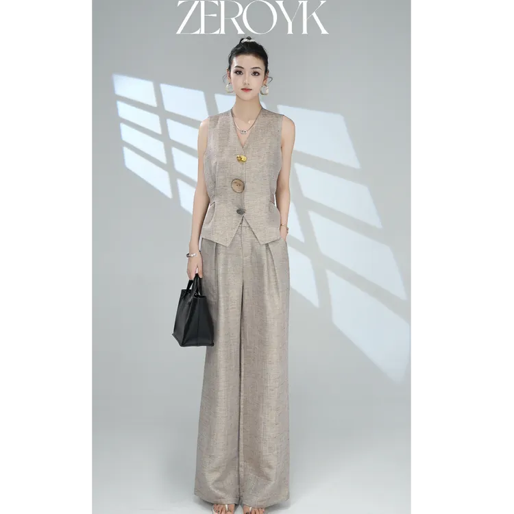 ZEROYK翎蔻 南油2025夏季款天丝亚麻套装无袖马甲阔腿裤两件套