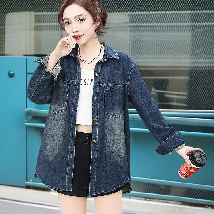 复古叠穿牛仔衬衫女上衣春2025春款新款宽松内搭长袖衬衣外套