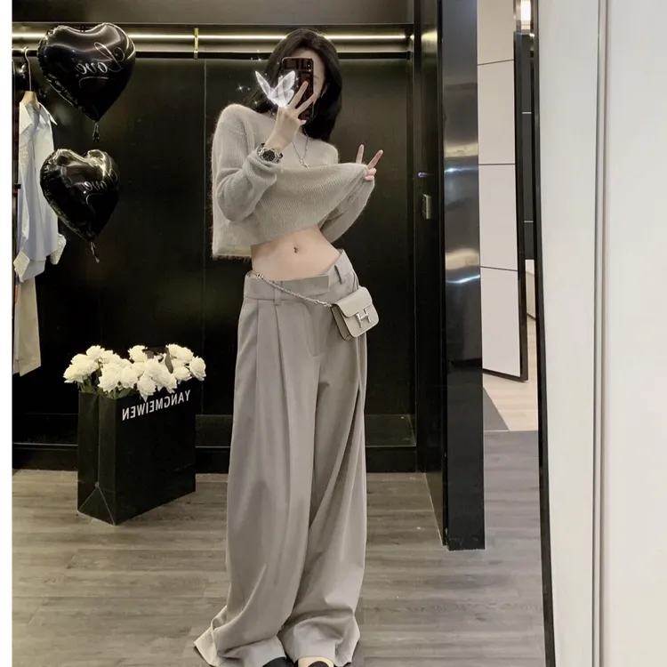 辣妹小众早秋一整套穿搭女2025新款针织长袖上衣+高腰阔腿宽松裤