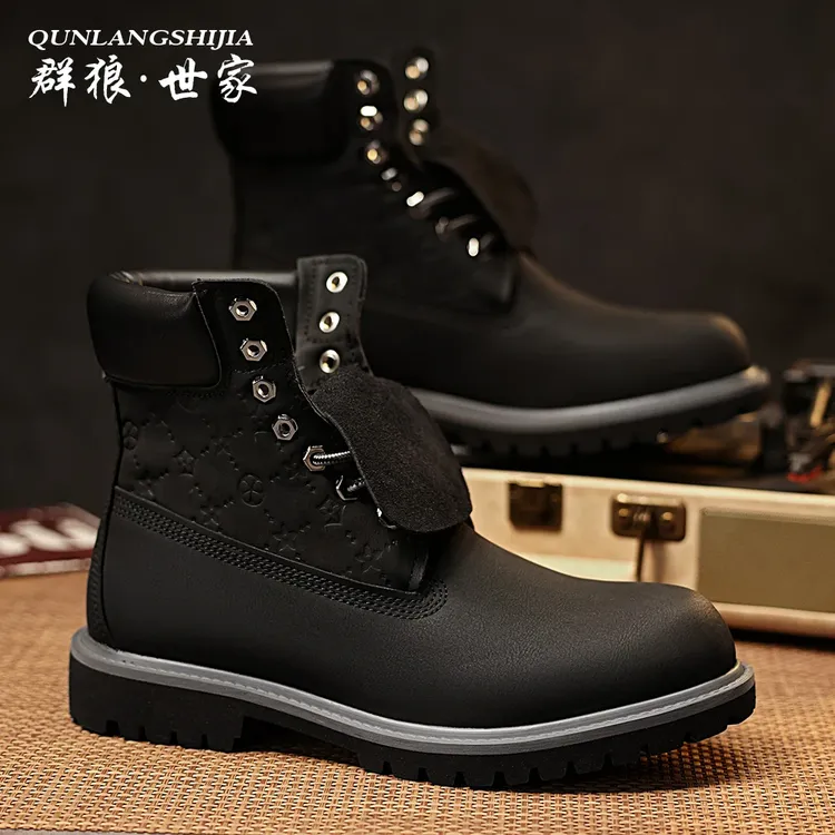 群狼·世家男靴高帮休闲鞋大黄靴内增高秋冬马丁靴男潮流百搭皮靴