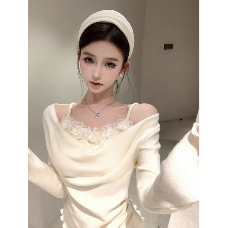 甜美纯欲风拼接假两件花朵吊带长袖女秋冬修身褶皱设计感绝美上衣