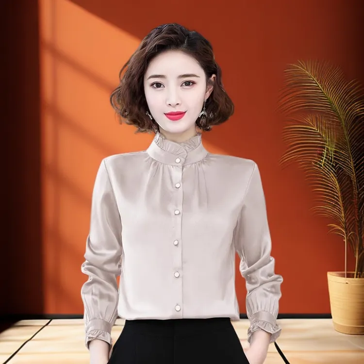 高级感雪纺衬衫女2025秋装新款妈妈长袖衬衣高端气质立领宽松上衣