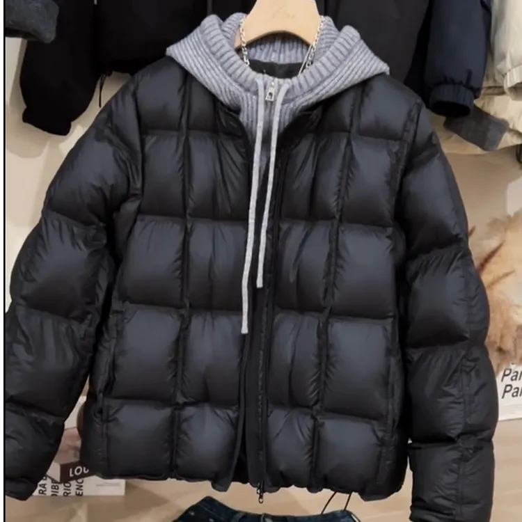 2025冬季高级感针织拼接假两件羽绒服女连帽白鸭绒宽松保暖外套