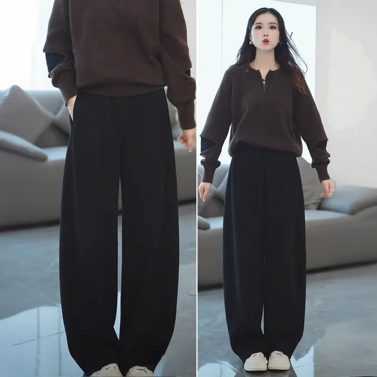 拉夏贝尔加绒高腰弯刀裤2025秋冬新款今年流行显瘦休闲运动裤