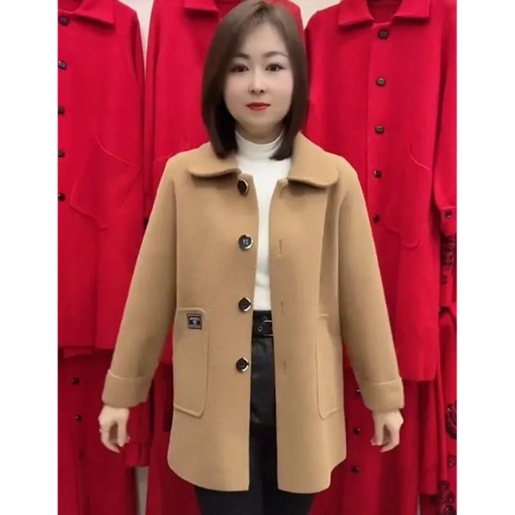 秋冬仿双面呢中年妈妈装女洋气高档中长款宽松开衫外套毛呢厚大衣