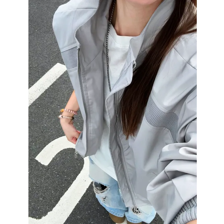 美式立领bomber廓形飞行夹克男春秋潮牌棒球服设计感拼接短款外套商品图