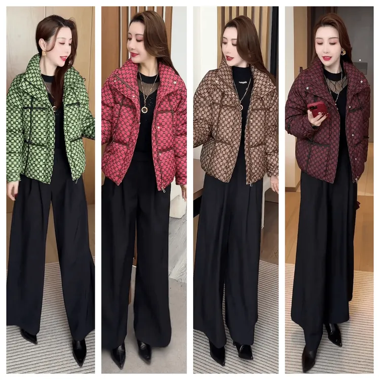 时尚短款印花百搭棉衣女2025冬季新款洋气显瘦加厚保暖棉服_格子