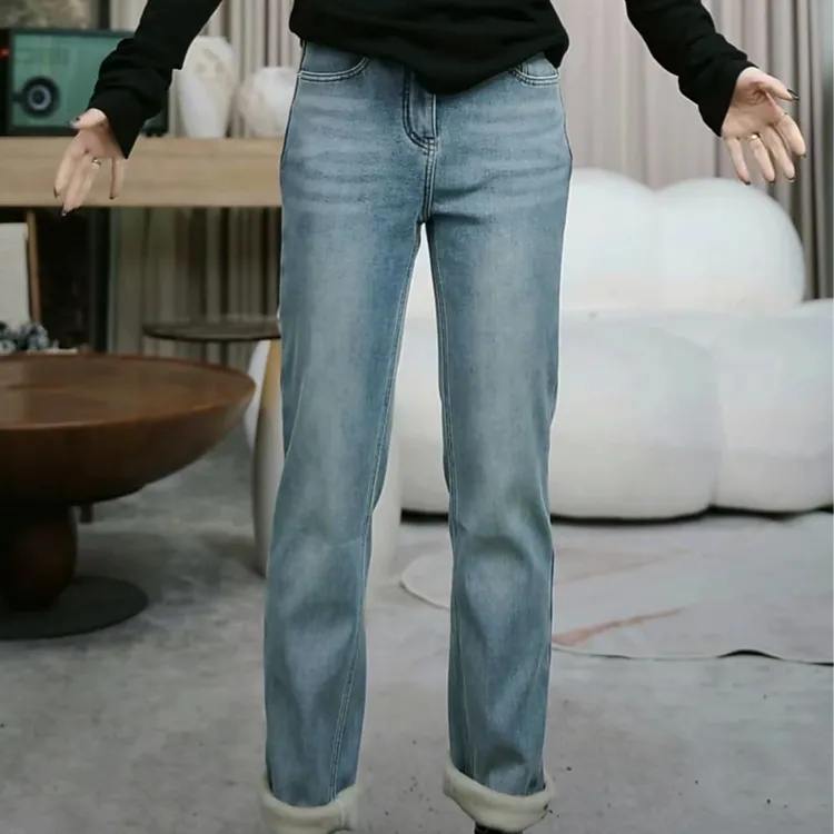 infobyfive2025冬季新款蓝色直筒修身加绒铅笔九分牛仔裤2DL0604