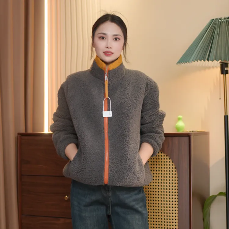 立领拼色加绒加厚毛毛外套休闲保暖