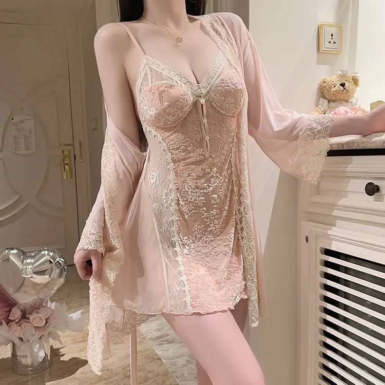 枕小眠【粉黛无颜】粉色露背低胸聚拢加胸垫睡裙外袍女家居服套装