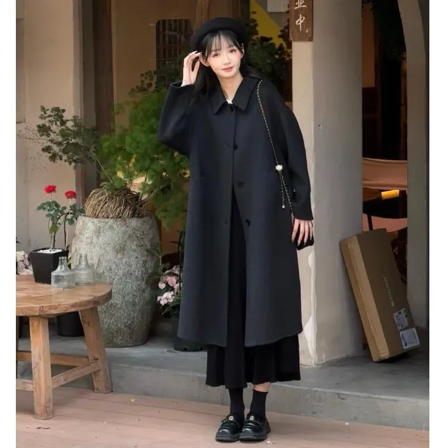HSTYLE/韩都衣舍新款宽松翻领简约通勤羊毛大衣秋冬长款25904