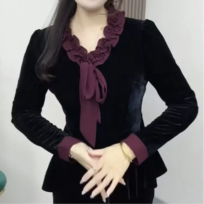 （小曼推荐）1817-新款时尚花边领上衣显瘦长袖