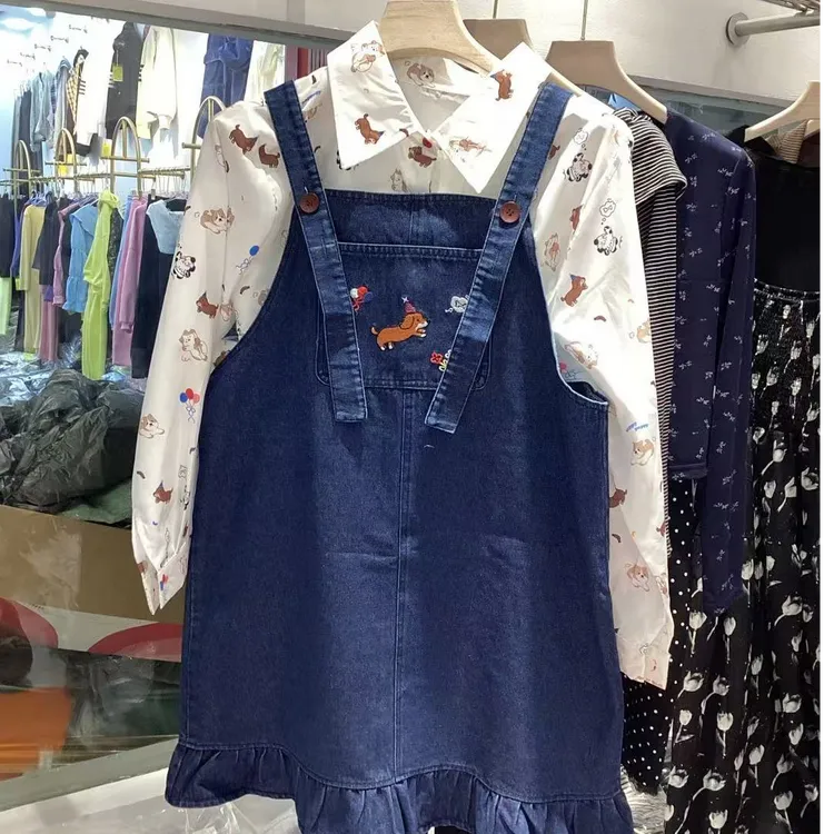 【童趣少女】学院风显瘦牛仔小个子背带裙减龄印花宽松衬衫套装