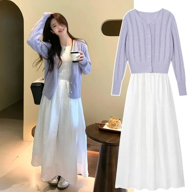 孕妇时尚温柔连衣裙春夏韩版轻奢小香风针织开衫显瘦白色气质长裙