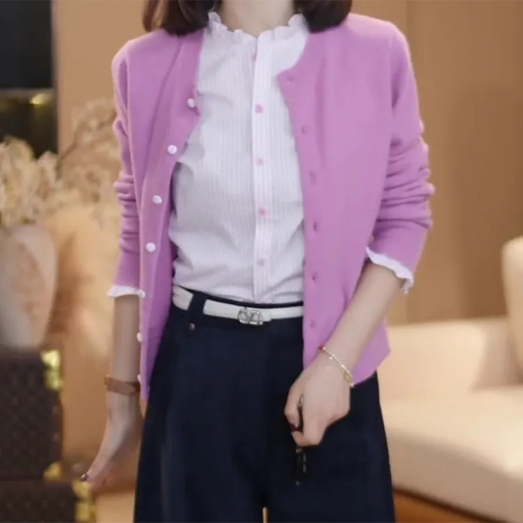 【秋月】秋季新款精致荷叶领假两件撞色仙女风长袖针织开衫C6260