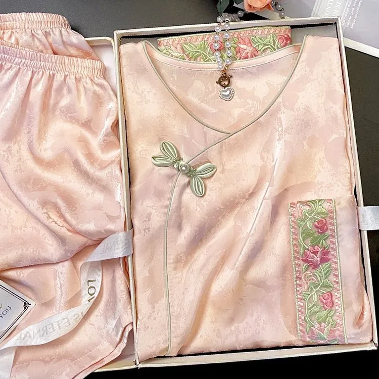 玫瑰刺绣新中式复古睡衣女套头冰丝粉色中袖家居服夏季薄款中国风
