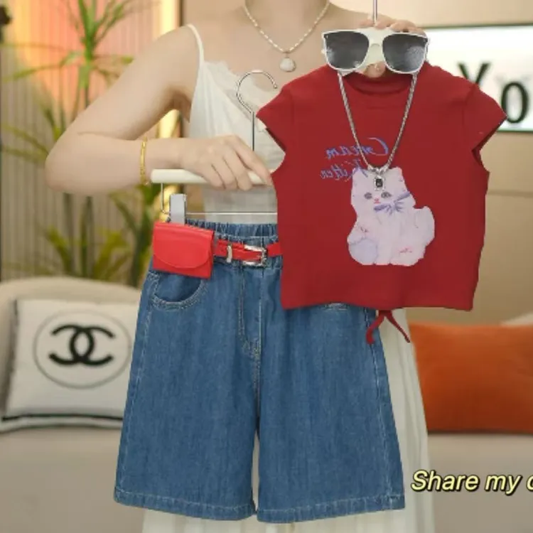 女童套装2025夏季新款洋气上衣薄款五分牛仔中裤休闲韩版两件套潮
