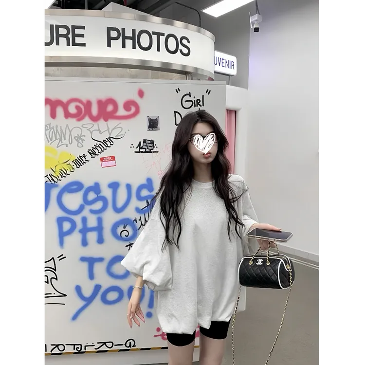 自由感Jennie同款休闲宽松泡泡袖短袖褶皱下摆设计感套头T恤21059