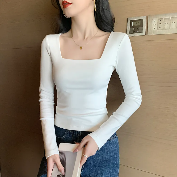 方领长袖T恤女打底衫秋季女装2025新款简约正肩修身显瘦螺纹上衣