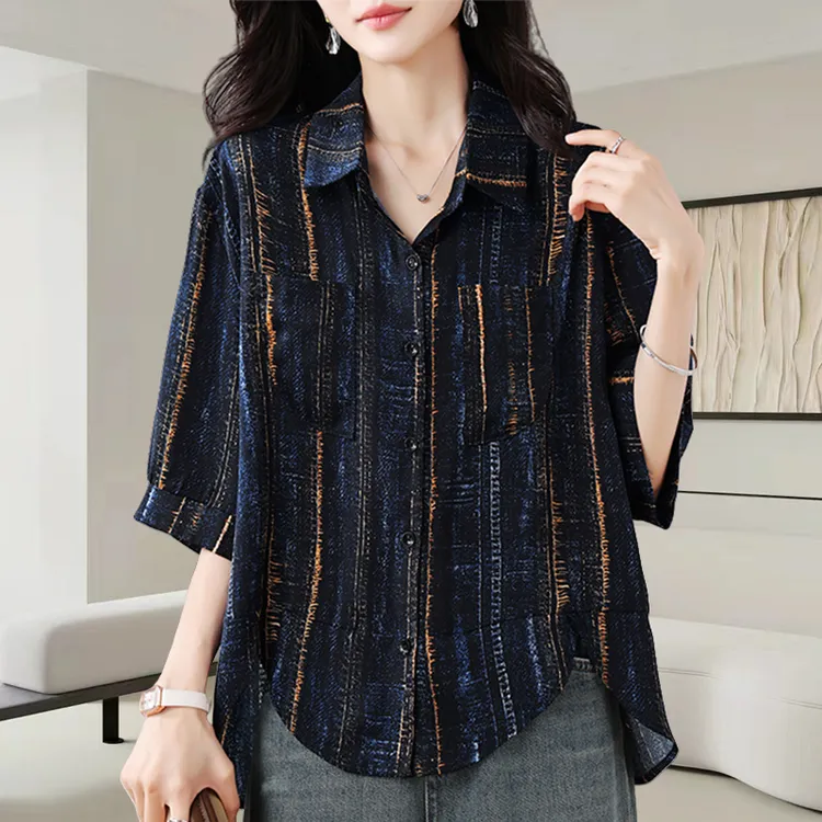 时尚翻领中袖衬衫女夏季2025新款宽松遮肉显瘦高级设计感轻奢上衣