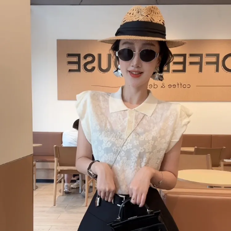 XIAOBAI蕾丝毛针织衫上衣飞飞袖设计师提花镂空夏季无袖