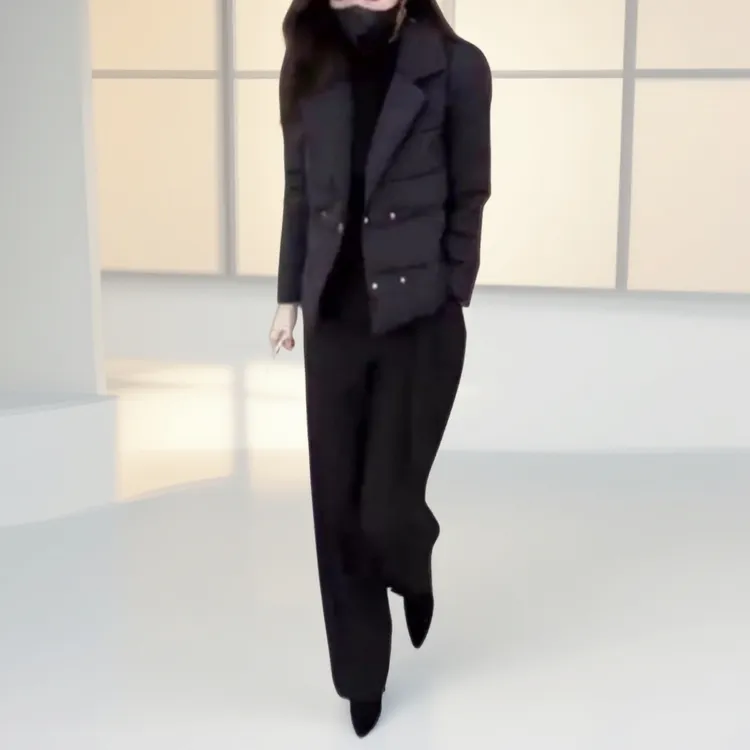 2025韩版黑色冬季新款时尚翻领长袖短款棉服加厚保暖外套休闲百搭